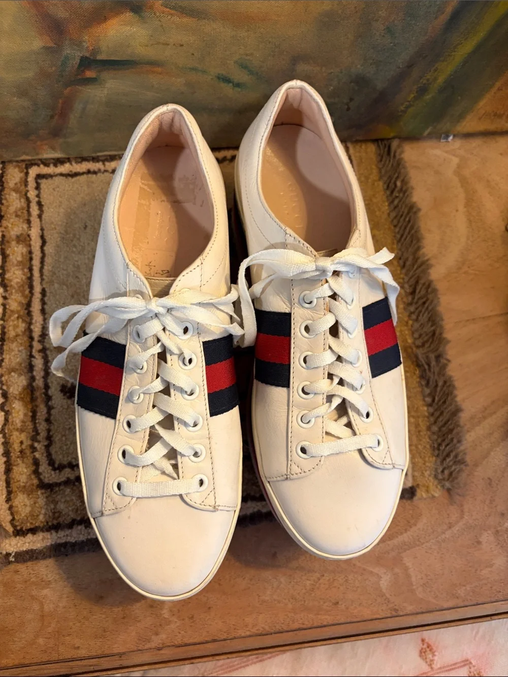Gucci DAMAGED White Platform Sneakers with Red and Blue Stripe Accents - SZ 38
